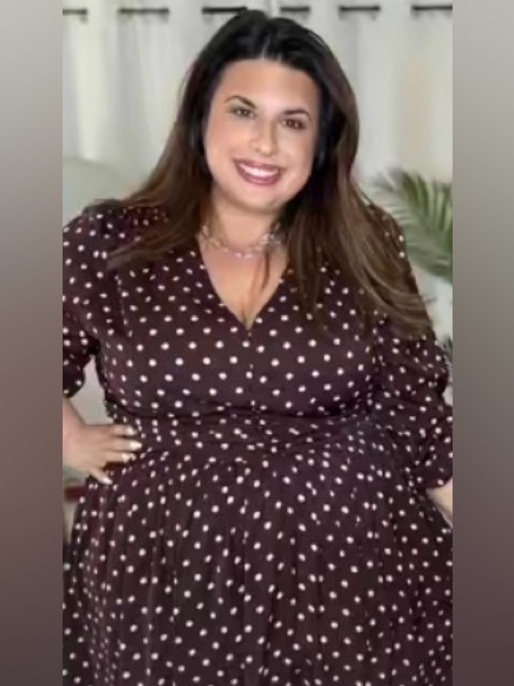 Plus Polka Dot V-Neck Ruched Waist Midi Dress